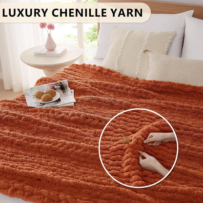 L'AGRATY Chunky Knit Blanket Throw: 72''x84'' Chenille Chunky Knitted Throw Blankets for Bed Couch - Handmade Thick Big Cable Knit Blanket - Large Crochet Rope Blankets for Home Decor(Rusty Orange)