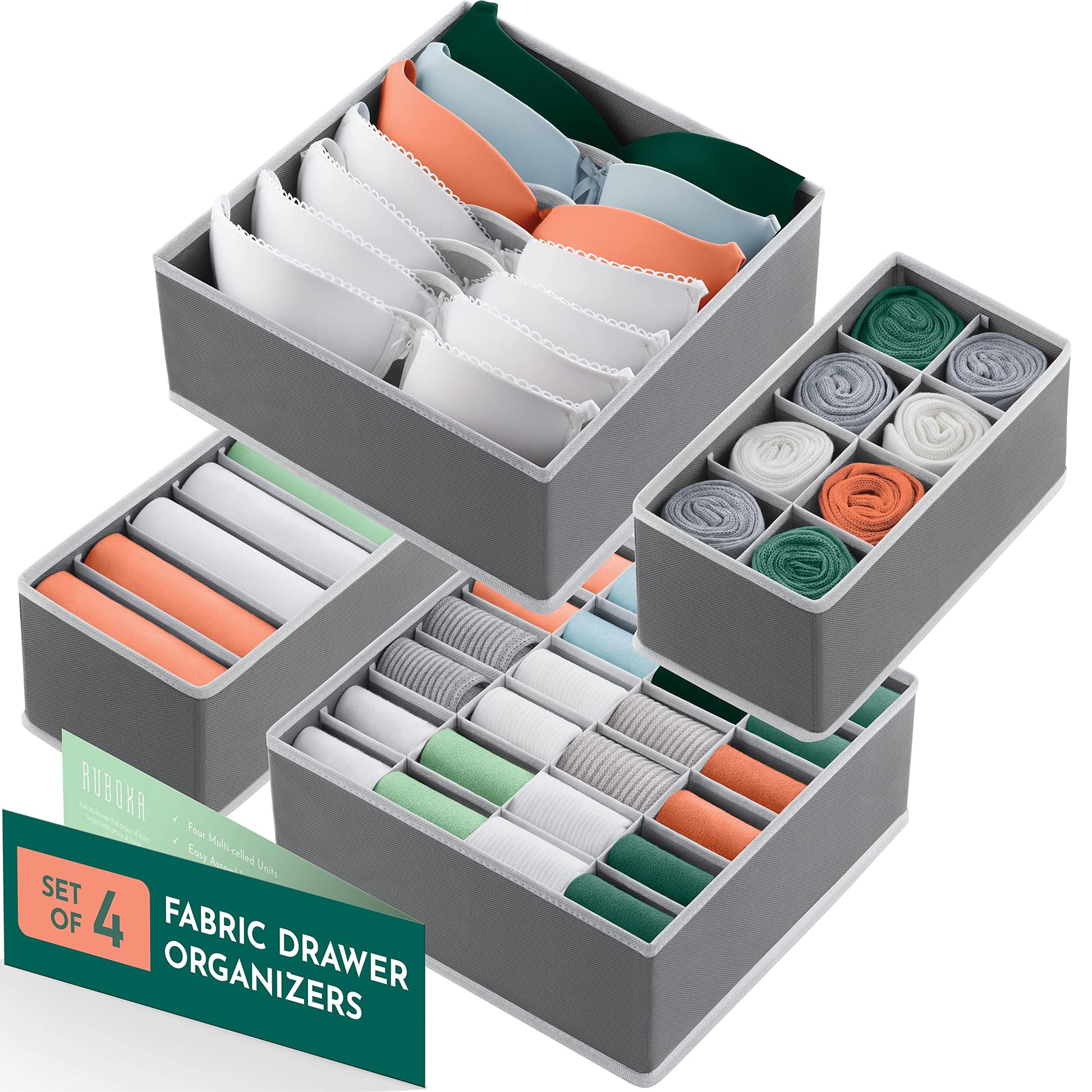 Dresser Organizer, [4 Pk] Grey Fabric Dresser Drawer Organizers (4 Sizes With 45 Slots) Foldable