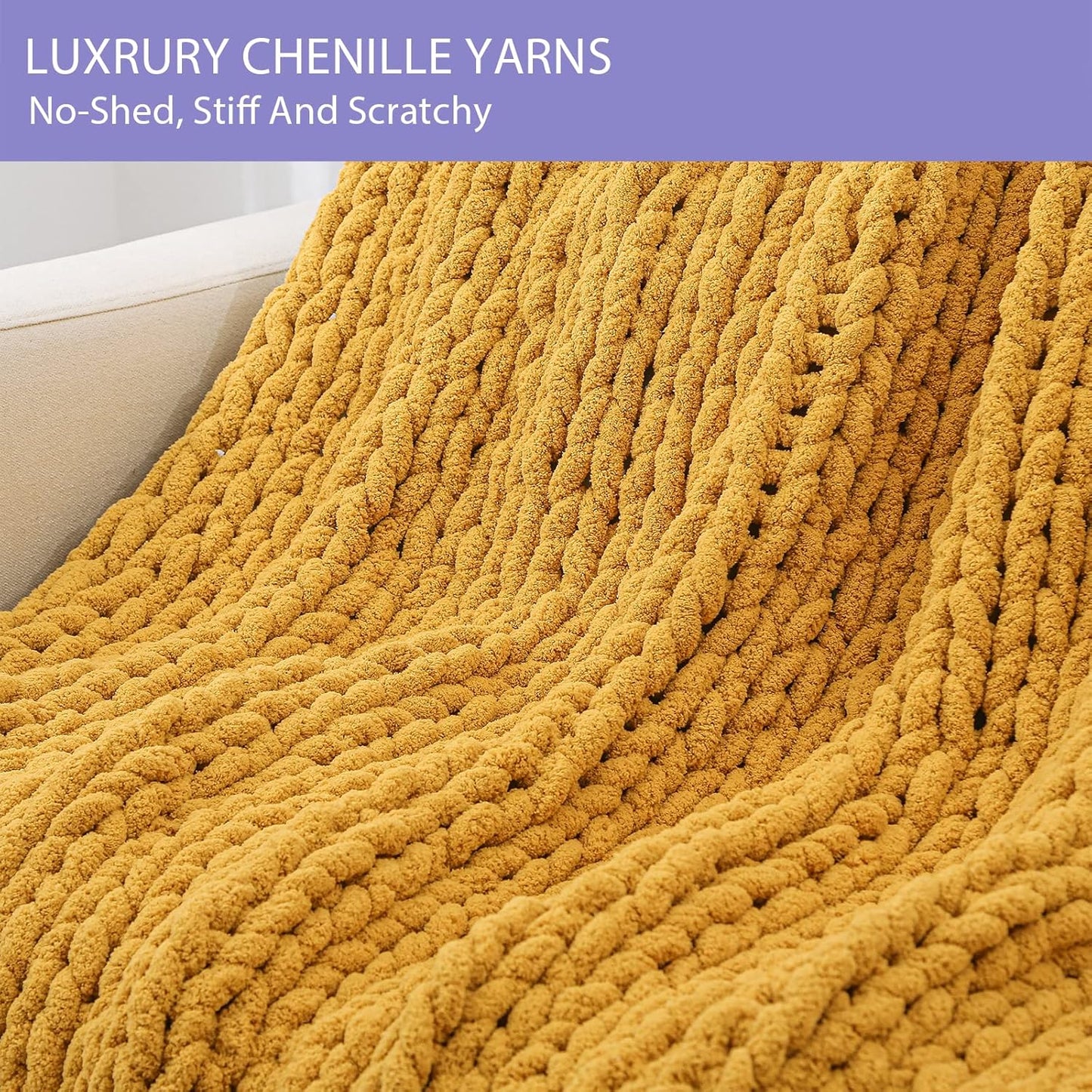 Bigacogo Chunky Knit Throw Blanket for Couch, 40x80 inches, 100% Hand Knitted with Thick Jumbo Chenille Yarn, Cozy Soft Large Rope Knot Cable Crochet Blankets for Sofa Bed Living Room, Mustard Yellow