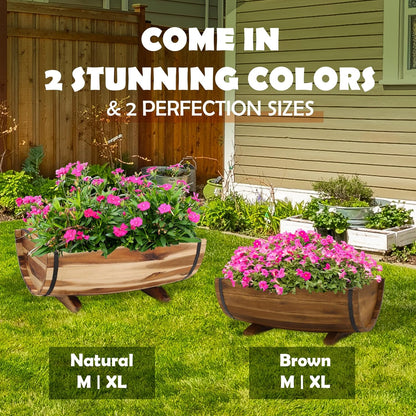 IDZO Solid Acacia Wood Half Barrel Planters Outdoor Set of 2 Different Sizes, Wooden Planters for Outdoor Plants with Metal Bands & Drainage Holes, Legs Included, Brown