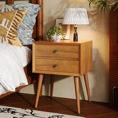 Christopher Knight Home Mid-Century Nightstand, Acacia Wood Nightstand Side Table, Accent Bedside End Table with Solid Wood Legs for Bedroom, Dorm and Small Spaces,Natural Brown