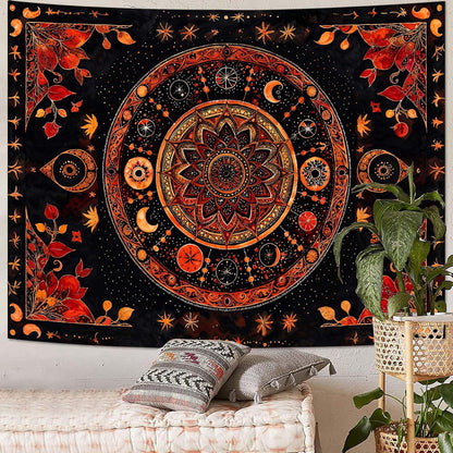 Lunerfex Mandala Moon and Stars Tapestry Boho Tapestry for Bedroom Black and Orange Tapestries Wall Hanging Living Room Wall Art and Home Decor 44x60