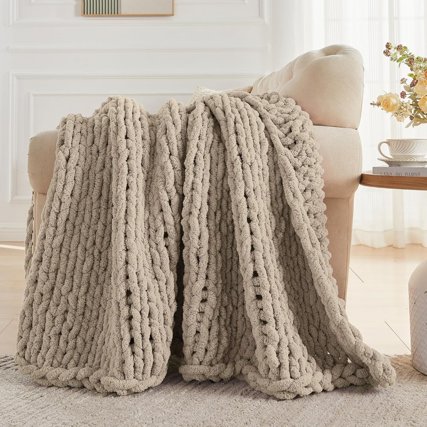 Carriediosa Chunky Knit Throw Blanket 50" X 60", 100% Hand Made Large Chenille Loop Yarn Soft Fluffy Throws for Couch Sofa Bed, Big Crochet Cozy Heavy Thick Cable Woven Blankets, Taupe