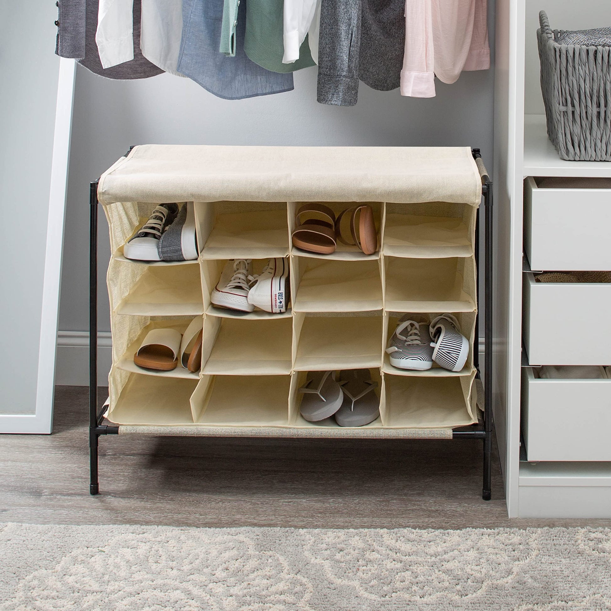 Simplify 16 Pair Shoe Rack with Cover | Stackable | Storage & Organization | Closet | Bedroom |