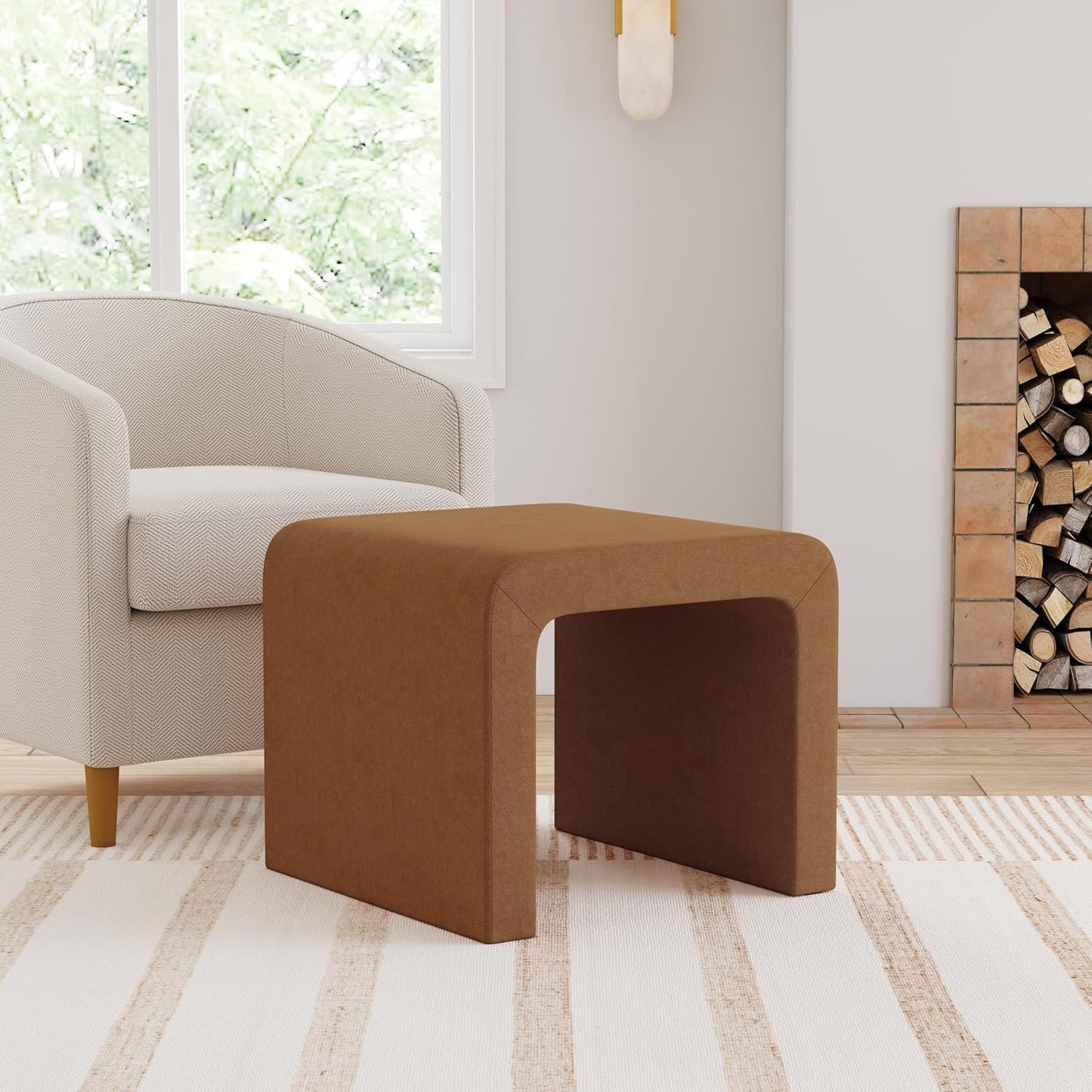 Modern Channel Rust Velvet Foot Stools Ottoman Home Décor, Soft Ottoman Foot Rest Chair for Bedroom and Living Room, Vanity Chair and Stool in Dressing Area, and Lounge