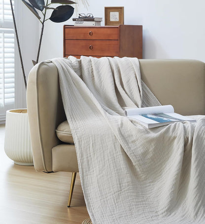 100% Cotton Muslin Throw Blanket for Bed, Couch, Small, Decorative, Soft, Pre-Washed, Breathable and Lightweight Gauze Blanket with Fringes, Suitable for All Seasons, Linen Grey, 50"x60"