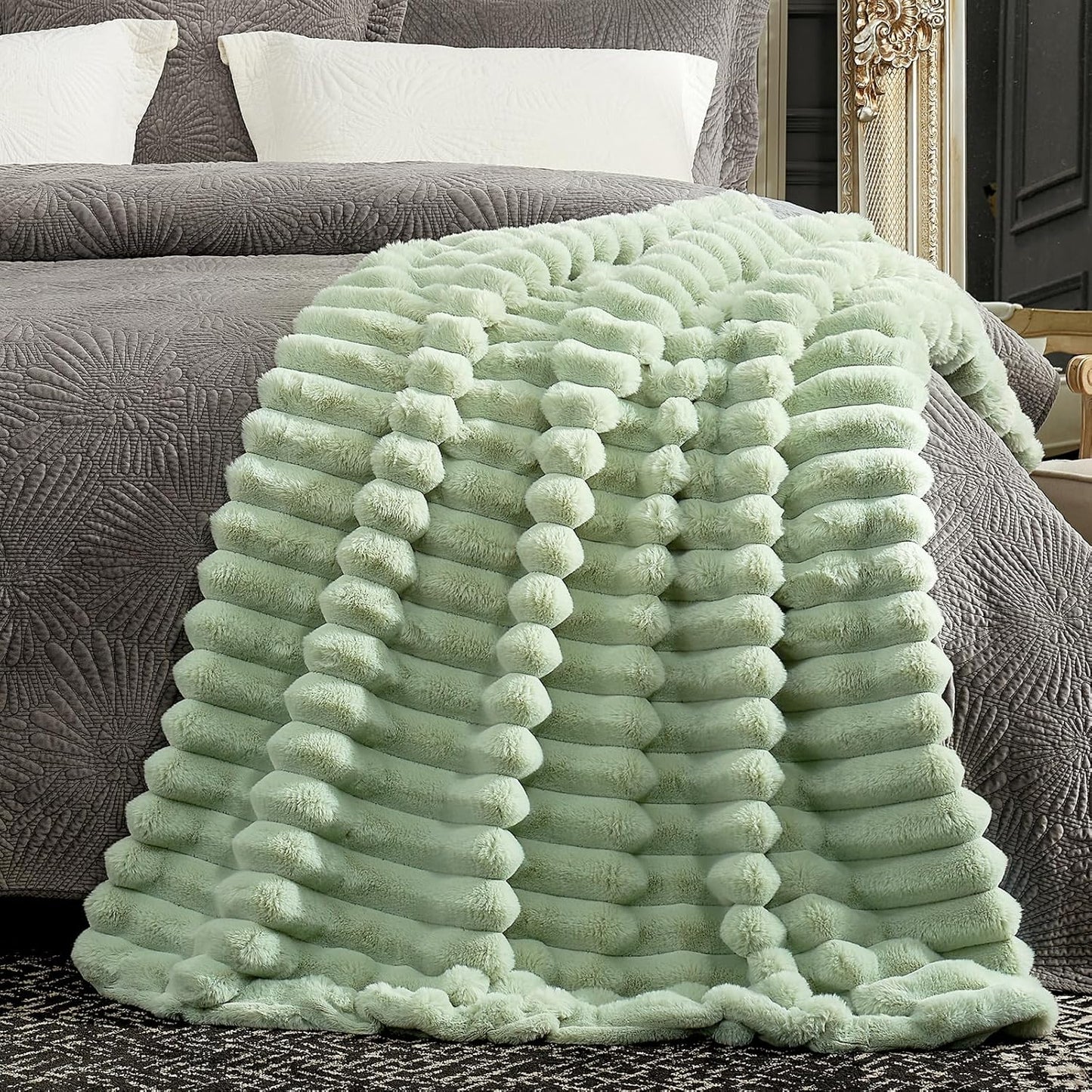Cozy Bliss Faux Fur Throw Blanket for Couch, Cozy Warm Plush Striped Blanket for Sofa Bedroom Living Room, 50 * 60 Inches Sage Green
