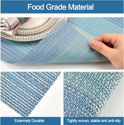 Placemats Set of 4 - Easy Clean Washable Vinyl Placemats - Wipeable Heat Resistant Table Mats for Dining Table - 17.7x11.8 Inch (4, Blue Gradient)