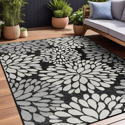 Beverly Rug Outdoor Rug 8x10 Modern Exotic Tropical Leaf Area Rugs for Indoor and Outdoor Patio Deck Porch Garden Water Resistant Washable Outside Carpet (8 x 10 Dark Gray)