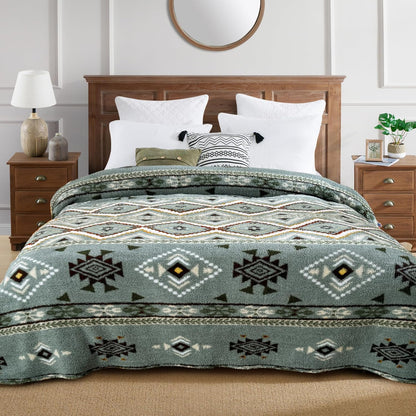 CASAAGUSTO Boho Sherpa Throw Blanket, Aztec Queen Blanket, Ultra Soft, Warm, Cozy, Plush, Thick Fleece Bohemian Throw Blanket for Couch, Bed, Sofa (Olive Green 90 * 90 Inch)