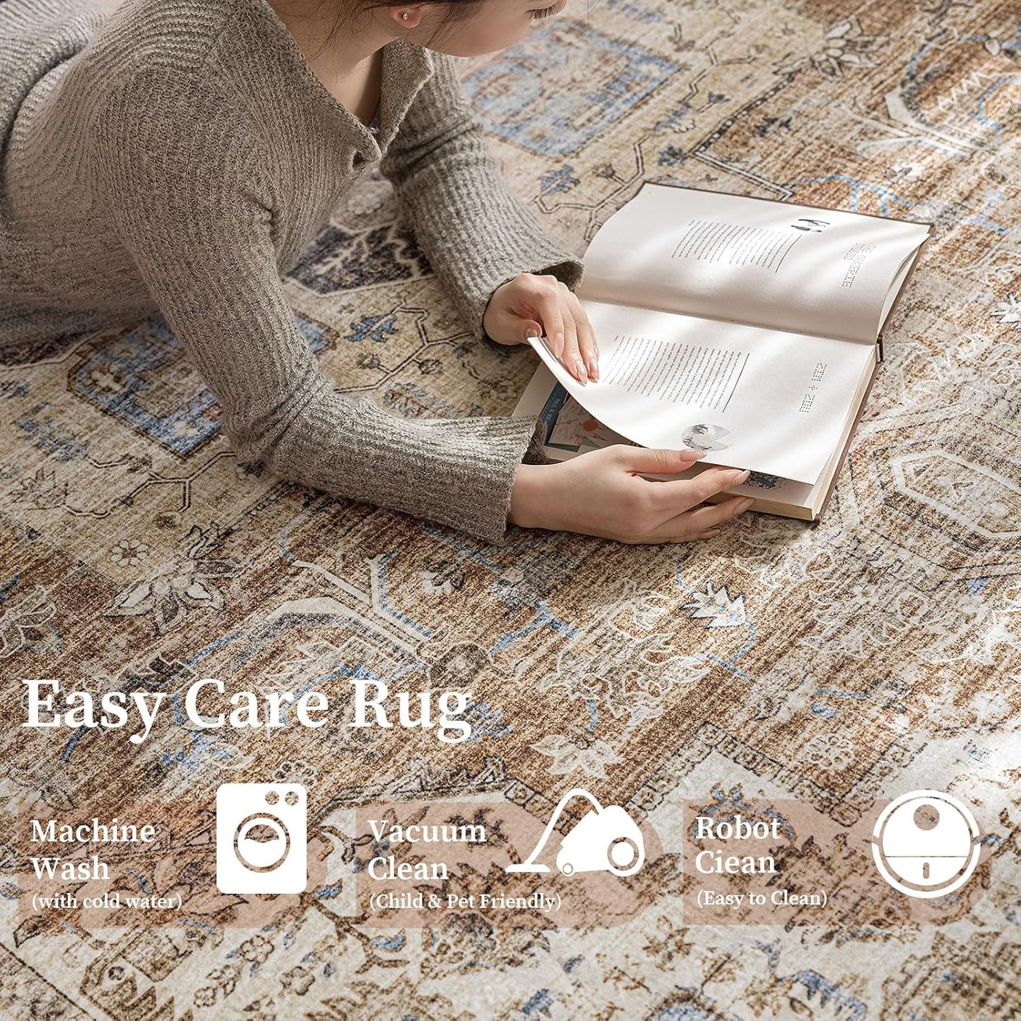 5'x7' Area Rug - Vintage Persian Medallion Design Low-Pile Faux Wool Rug, Non-Slip Backing, Machine Washable, for Living Room, Dining Room, Bedroom (Brick Red)