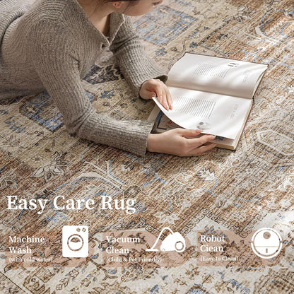 5'x7' Area Rug - Vintage Persian Medallion Design Low-Pile Faux Wool Rug, Non-Slip Backing, Machine Washable, for Living Room, Dining Room, Bedroom (Brick Red)