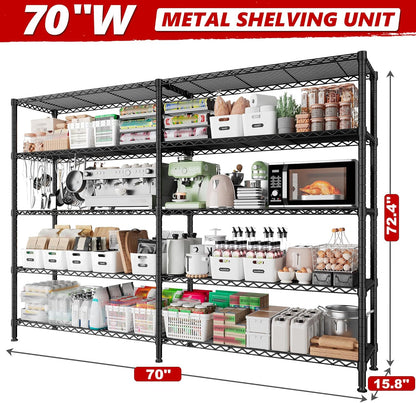 REIBII 70"W Storage Shelves Load 1600LBS, Metal Shelving 5-tier Wire Shelving Unit Metal Shelves for Storage Adjustable Garage Shelving for Pantry Kitchen Garage Commercial school 70"W*15.8"D*72.4"H
