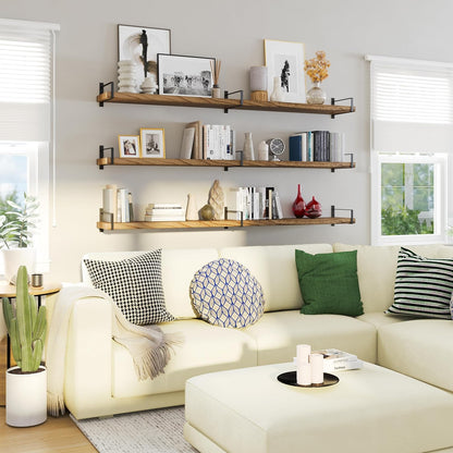 Wallniture Toledo 72 inch Floating Shelf with Heavy Duty Bookend Brackets, Wooden Shelves for Wall, 1pc, Burnt Finish