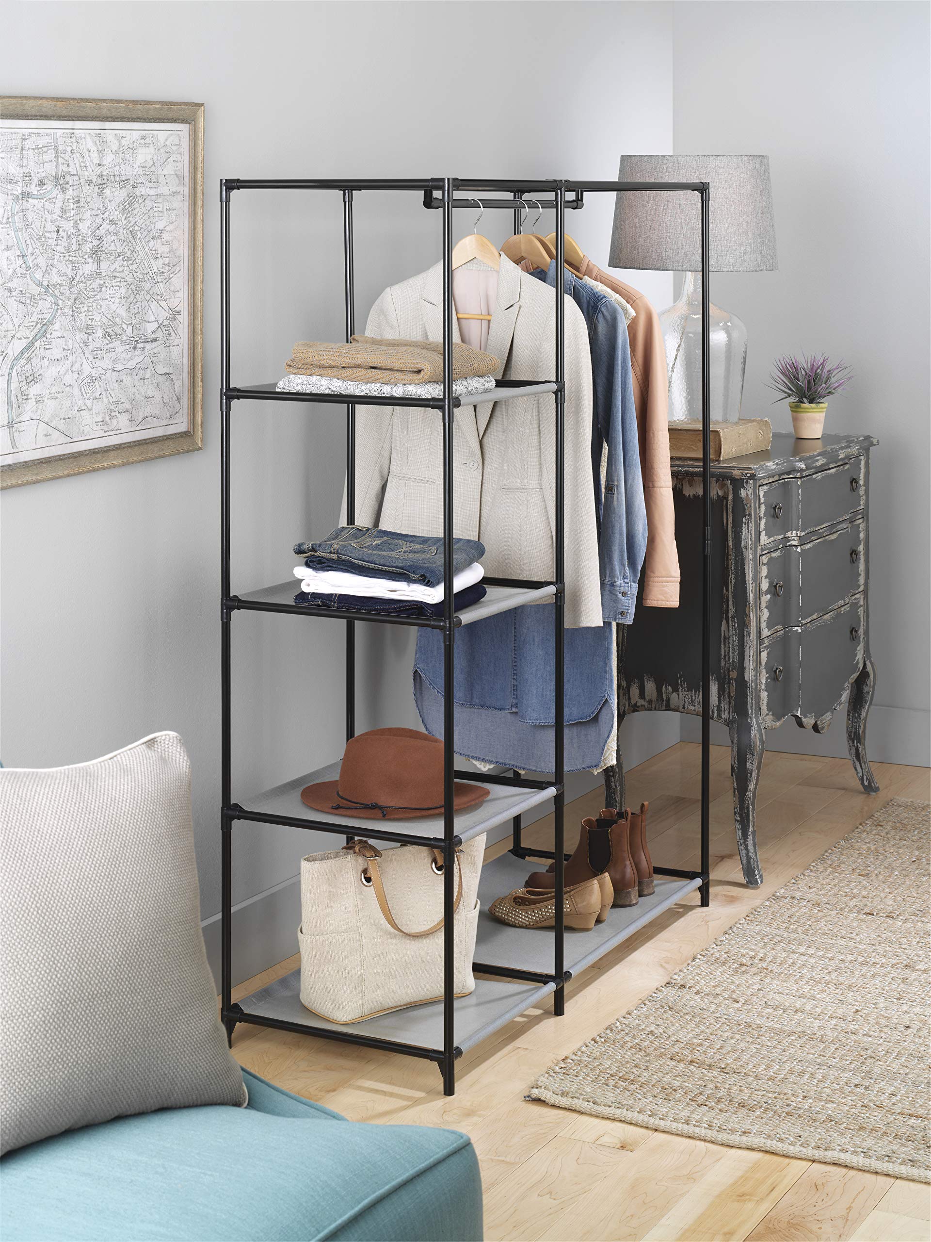 Whitmor Spacemaker 5 Tier Wardrobe Closet, Freestanding Storage System with Garment Rod, Space