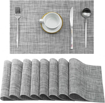 Leetaltree Linen Grey Placemats Set of 8 - Heat Resistant Non-Slip Place mats for Dining Table, Washable Durable PVC Vinyl Woven Table Mats（Linen Grey, 8）