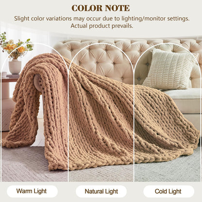 Carriediosa Chunky Knit Throw Blanket 60" X 80" Twin, 100% Hand Made Large Chenille Loop Yarn Soft Fluffy Throws for Couch Sofa Bed, Big Crochet Cozy Heavy Thick Cable Woven Blankets, Tan Brown