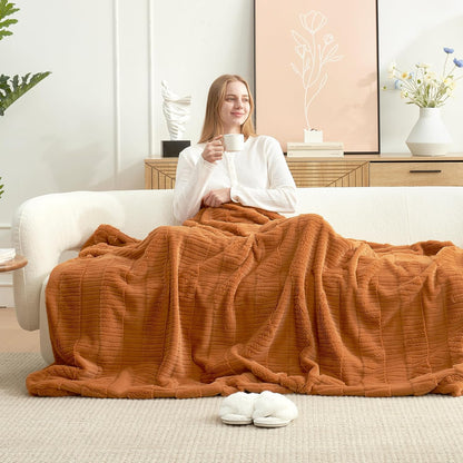 Amélie Home Luxury Striped Faux Fur Throw Blanket for Couch, Embossed Split Fur Cozy Fuzzy Fluffy Luxurious Soft Plush Sofa Chair Bed Gift Blankets for Women Men Wife Friend, 60"x80", Brown
