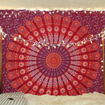 Bless International Handmade Indian hippie Bohemian Psychedelic Peacock Mandala Wall hanging College Dorm Beach Throws Table Cloth Bedding Tapestry (Blue Red, King(88x104Inches)(225x265Cms))