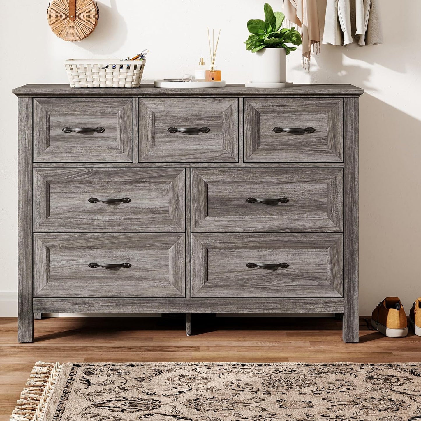LINSY HOME Farmhouse 7 Drawers Dresser for Bedroom, Wood Chest of Drawers with Metal Handle, Wide Dresser Organizers for Bedroom, Nursery, Closet, Grey