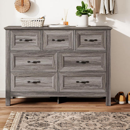 LINSY HOME Farmhouse 7 Drawers Dresser for Bedroom, Wood Chest of Drawers with Metal Handle, Wide Dresser Organizers for Bedroom, Nursery, Closet, Grey