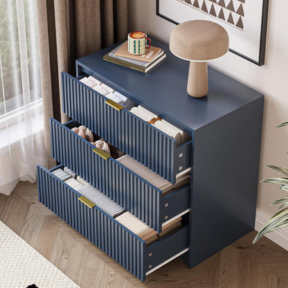 Fluted Dresser for Bedroom, 32 Inch Wide Nightstand with Large Drawer, 3 Drawer End Table for Bedroom, Living Rooms, Offices, and Entryways, Navy Blue