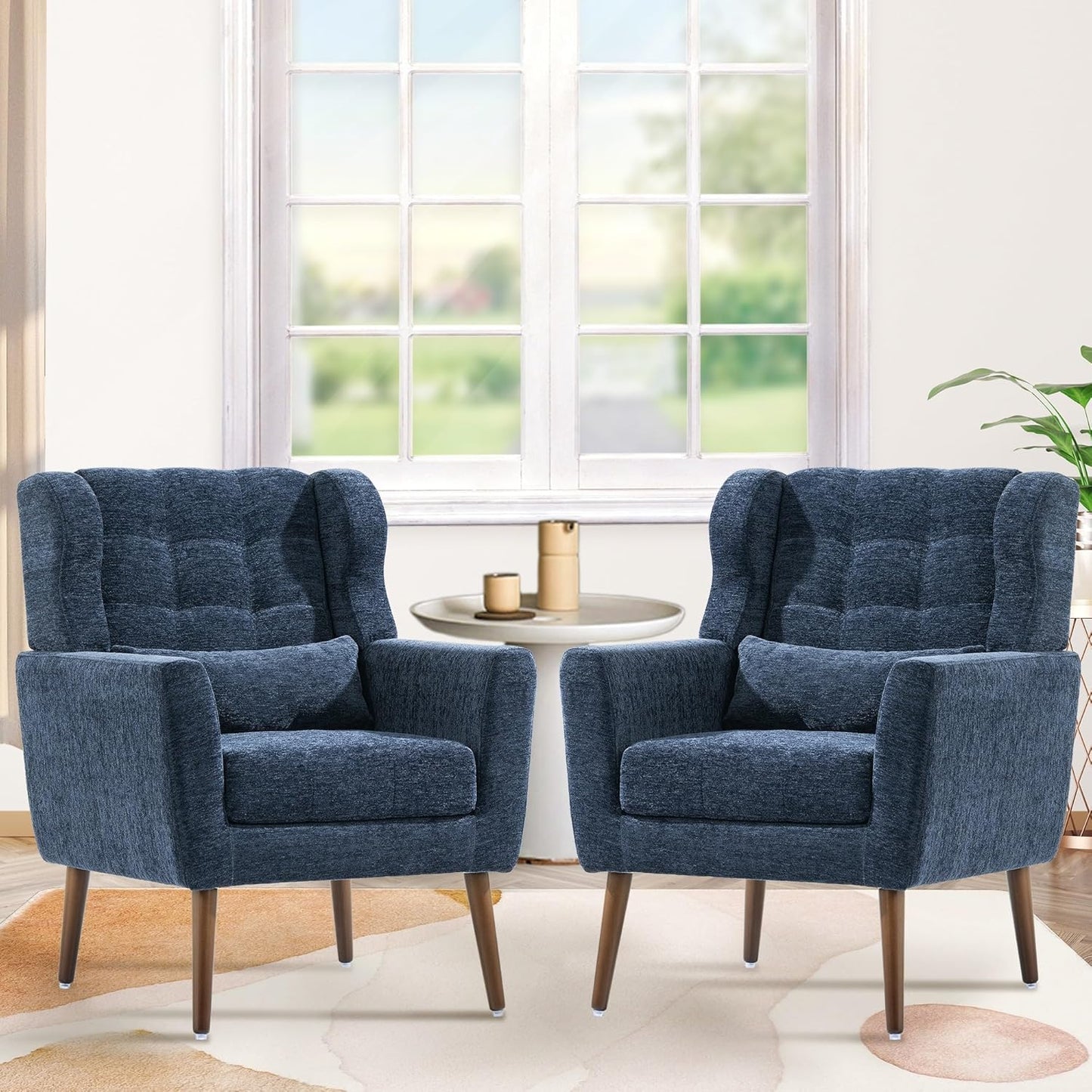 Accent Chair Set of 2, Upholstered Armchair with Pillow, Fabric Single Sofa Chair with Lounge Seat and Wood Legs Accent Chair for Living Room Small Spaces (Dark Blue, Set of 2)