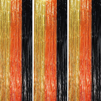 3 Pack 3.3 x 8.2 ft Black Gold Orange Foil Fringe Backdrop Curtains, Tinsel Streamers Party Decorations, Fringe Backdrop, Door Shimmer for Construction or Birthday Party