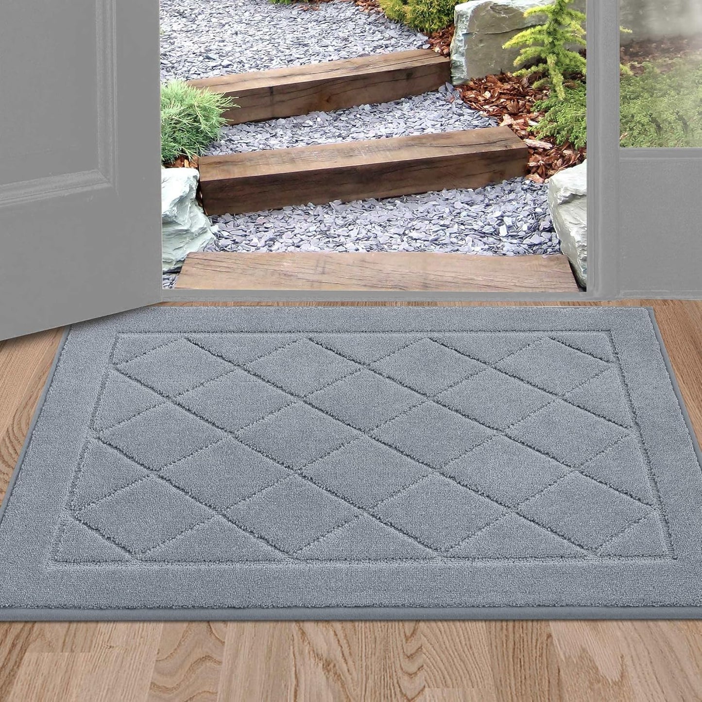 BEQHAUSE Dirt Trapper Door Mat 24" x 36", Doormat Non-Slip Entryway Rugs Washable, Dog Door Mat Stain Resistant and Absorbent Welcome Floor Mat for Front Back Door, Muddy Wet Shoes & Paws, Grey
