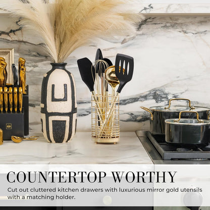 Styled Settings Black and Gold Cooking Utensils Set - 7-Piece Silicone Utensils Set Include Spatula Holder for Nonstick Cookware and Modern Kitchens - Stylish Black and Gold Kitchen Accessories