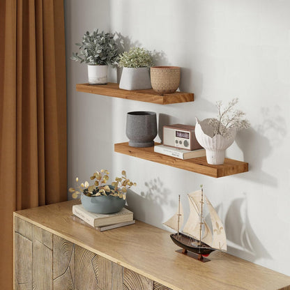 Rustic 30" Floating Shelves, Real Elm Wood Floating Shelf for Wall, Heavy-Duty Wall Shelves for Books, Wooden Floating Shelves with Invisible Bracket for Bathroom, Kitchen, Natural Color, Set of 2