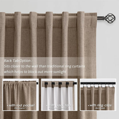 BOODII Room Darkening Curtains Brown Black Out Curtains 96 Inches Long 2 Panel Set Back Tab Neutral Linen Curtain for Sliding Door Modern Farmhouse Living Room Blackout Drapes Soundproof 52x96