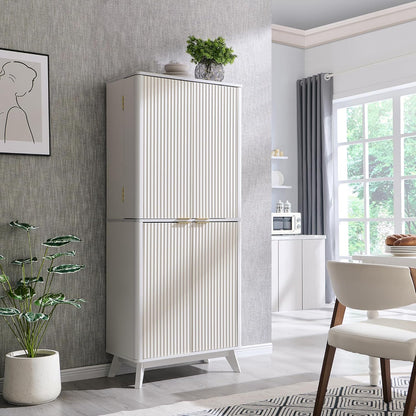 OKD Fluted Kitchen Pantry, 72" Tall Mid Century Modern Storage Cabinet with Adjustable Shelves & Door Organizer, Wood Cabinet for Kitchen, Living Room, Solid White