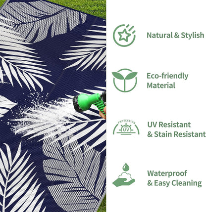 GENIMO Outdoor Rug 4' x 6' Waterproof for Patios Clearance, Reversible Outdoor Plastic Straw Camping Rug Carpet, Large Area Rugs Mats for RV, Camper, Deck, Balcony, Porch, Beach, Navy Blue&White