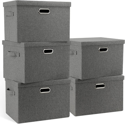 Large 17" 36 Quart Collapsible Stackable Storage Bins with Lids, 5 Packs Gray Foldable Fabric Closet Storage Boxes with Lids, Heavy-duty Linen Cube Baskets(17 x 12 x 11)