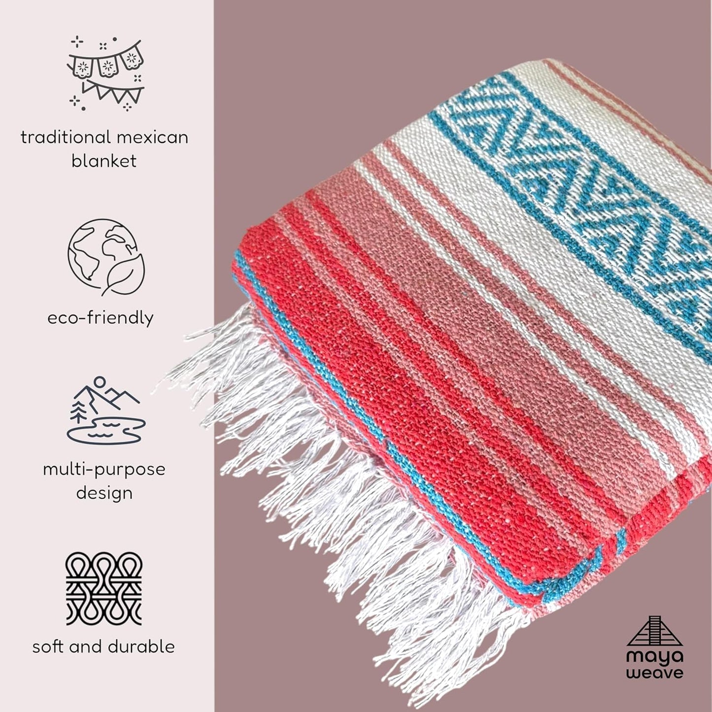 Traditional Handwoven Mexican Blanket, Large Falsa Serape - Soft & Durable - Vibrant Beach, Picnic, Yoga & Camping Mat - Lightweight Boho Throw 70"x50" (Flame)