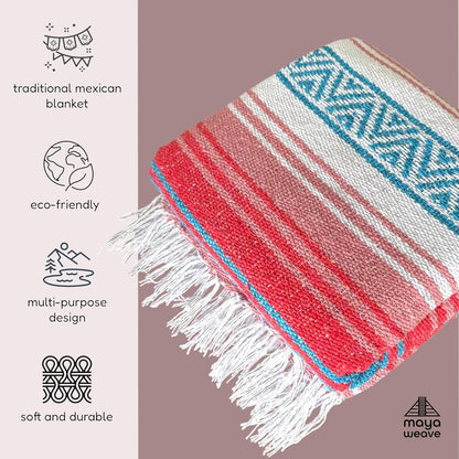 Traditional Handwoven Mexican Blanket, Large Falsa Serape - Soft & Durable - Vibrant Beach, Picnic, Yoga & Camping Mat - Lightweight Boho Throw 70"x50" (Flame)