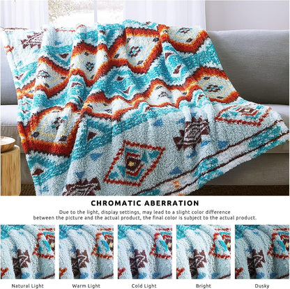 CASAAGUSTO Boho Sherpa Throw Blanket, Aztec Throw, Ultra Soft, Warm, Cozy, Plush, Thick Fleece Bohemian Throw Blanket for Couch, Bed, Sofa (Aqua 50 * 60 Inch)