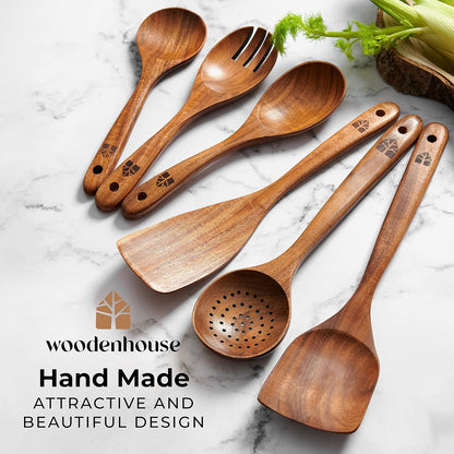 Wooden Spoons for Cooking – Wooden Kitchen Utensils Set, 6 Pcs Teak Wood Utensil Set – Comfortable Grip Non–Stick Wooden Cooking Utensils