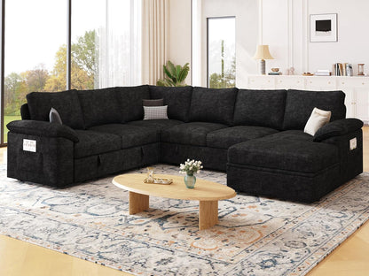 108 Inch Modular Sectional Sofa with Pull Out Bed,U Shaped 7 Seat Sectional Sleeper Sofa with Storage,Sectional Couches for Living Room,Cloud Modular Couch,Removable Sofa Cover,Black