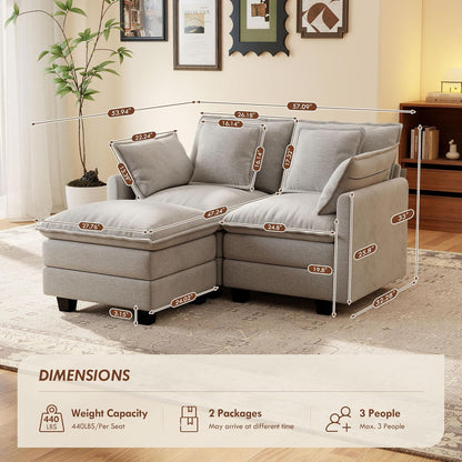 Ihanherry 57" L Shaped Modular Sectional Cloud Sofa, Modern 3 Seat Chenille Couch with Ottoman for Living Room, Bedroom and Apartment, Grey