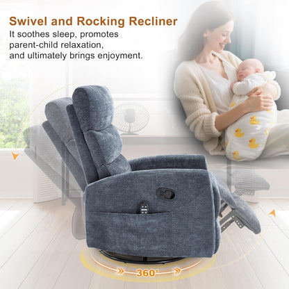 Manual Swivel Rocker Recliner Chair for Adults, Overstuffed Reclining Glider Chair for Nursing with Vibration Massage & Heat, Living Room Rocking Recliner 3-Stage backrest, Chenille Fabric Blue