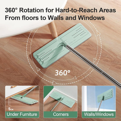 JOYMOOP Mop and Bucket with Wringer Set, Flat Squeeze Mop with Bucket (X-Large), Dust Mop for Wall Cleaner with Long Handle, Microfiber Mop - Green Bucket with 3 Reusable 15" Pads