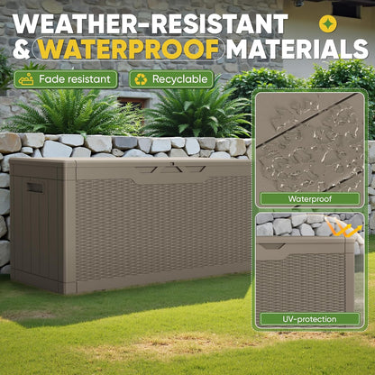 Greesum 100 Gallon Resin Deck Box Lockable Large Outdoor Storage Boxes for Garden Tools, Patio Furniture Cushions, Pool Supplies, Light Coffee