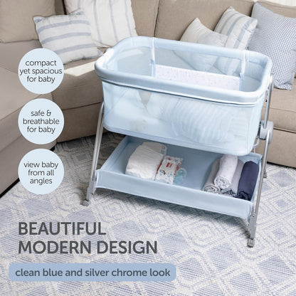 Baby Bedside Sleeper - Bassinet & Bedside Crib with Height Adjustment & Wheels - Can Be Placed Next to Bed - Attaches to Parents Bed - Easy to Fold & Carry Bassinet for Boys (Blue)