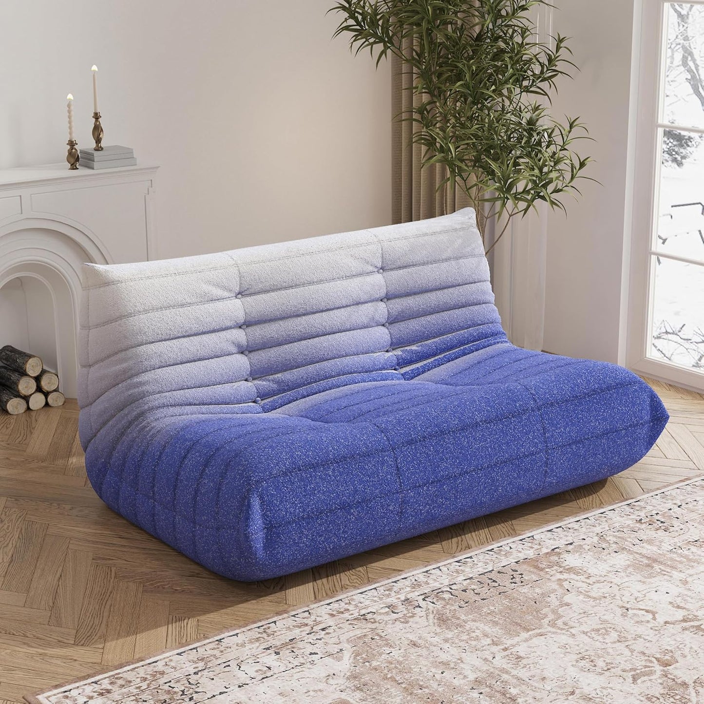 Bean Bag Chair, Loveseat Fireside Chair Bean Bag Sofa Large Bean Bag Chair for Adults, 2 Seater Bean Bag Chairs for Teens with High Density Comfortable Foam, Bean Bag for Living Room (Blue&White)