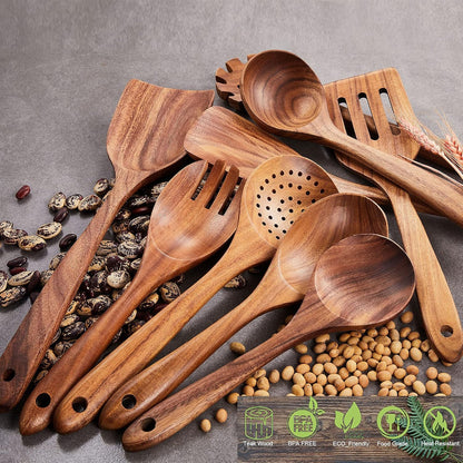 Wooden Kitchen Utensils Set,GUDAMAYE 6 PCE Wooden Spoons for Cooking,Wooden Cooking Utensils,Natural Teak Wooden Spoons For Non-stick Pan