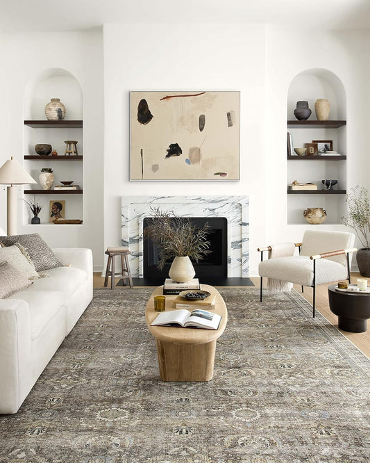 Loloi Layla Collection LAY-13 Antique/Moss 7'-6" x 9'-6" .13" Thick Area Rug, Soft, Durable, Vintage Inspired, Distressed, Low Pile, Non-Shedding, Easy Clean, Printed, Living Room Rug