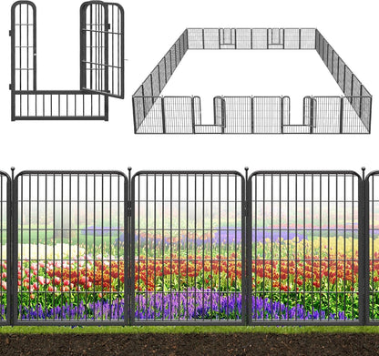 Decorative Black Metal Fencing Garden Fence with Gate, 82ft(L) 32in(H) 36 Fence Panels No Dig Fence Rustproof Animal Barrier Fence Temporary Dog Panels Fencing Outdoor