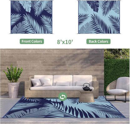 GENIMO Outdoor Rug 8' x 10' Waterproof for Patios Clearance, Reversible Outdoor Plastic Straw Camping Rug Carpet, Large Area Rugs Mats for RV, Camper, Deck, Balcony, Porch, Beach, Navy Blue&Baby Blue